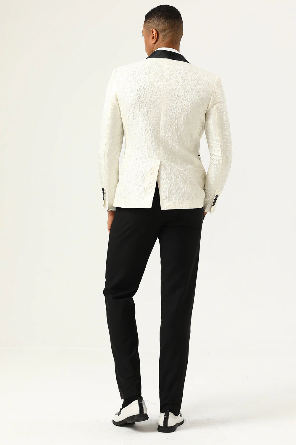 One Button Red Shawl Lapel Jacquard Men's Prom Blazer - Image 14