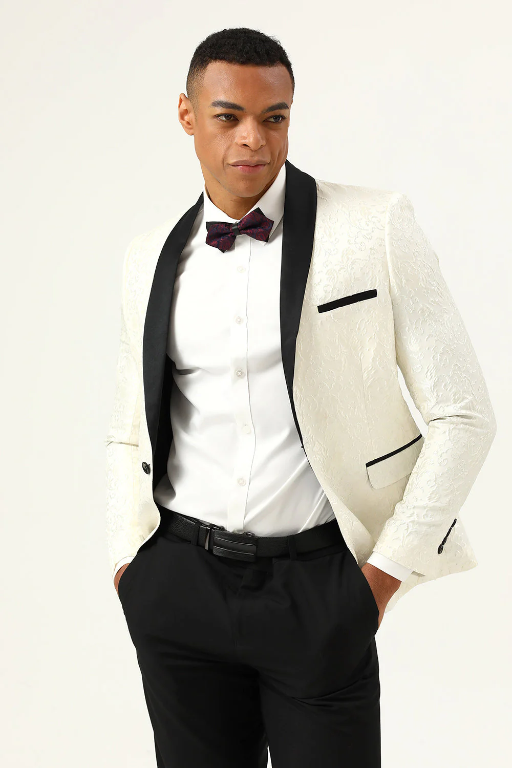 One Button Red Shawl Lapel Jacquard Men's Prom Blazer - Image 15