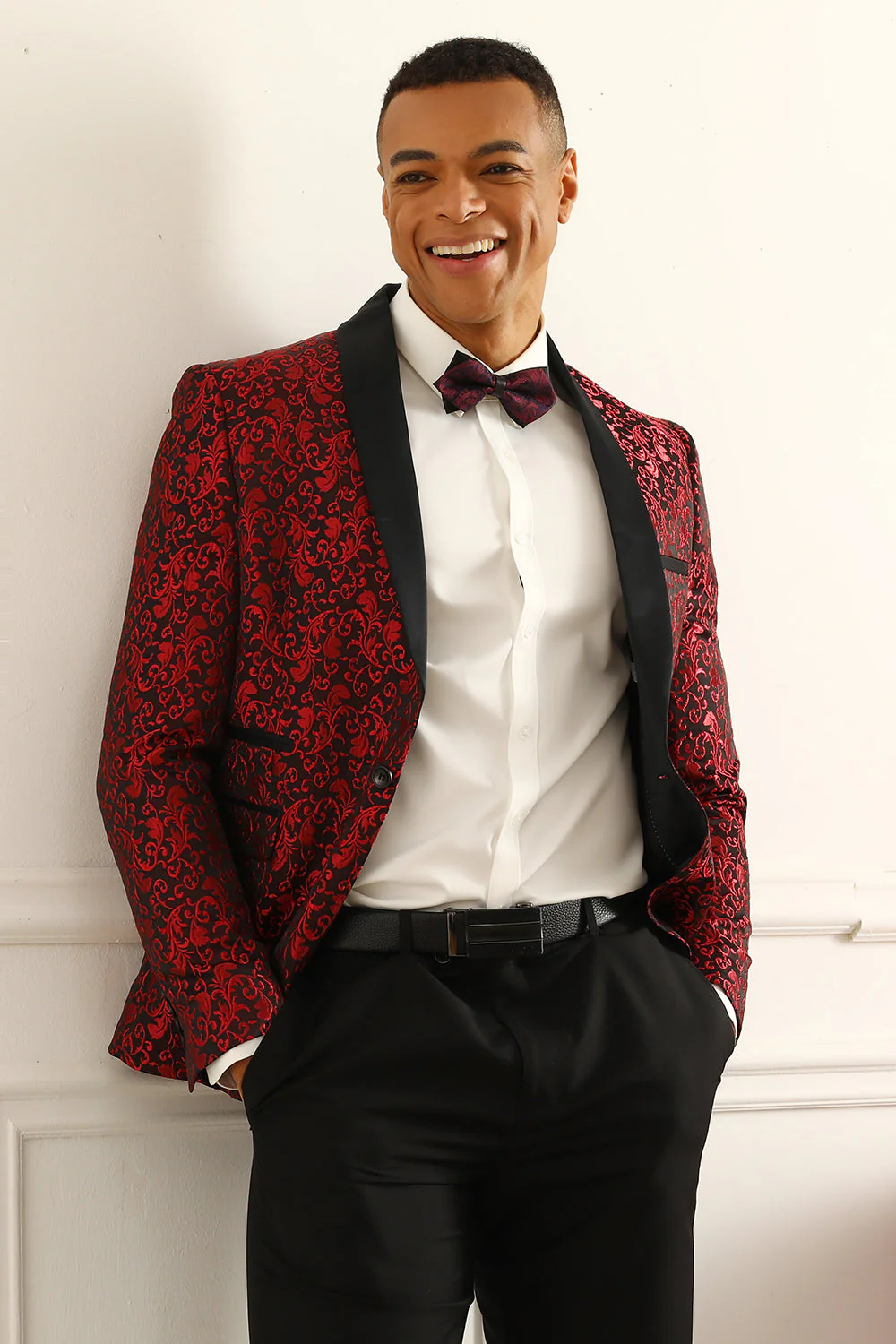 One Button Red Shawl Lapel Jacquard Men's Prom Blazer - Image 5