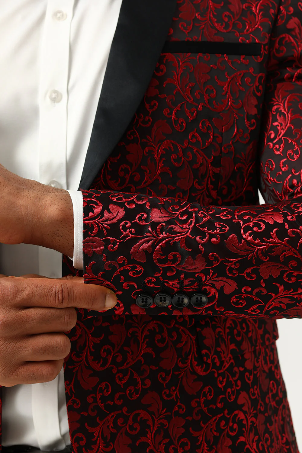 One Button Red Shawl Lapel Jacquard Men's Prom Blazer - Image 7