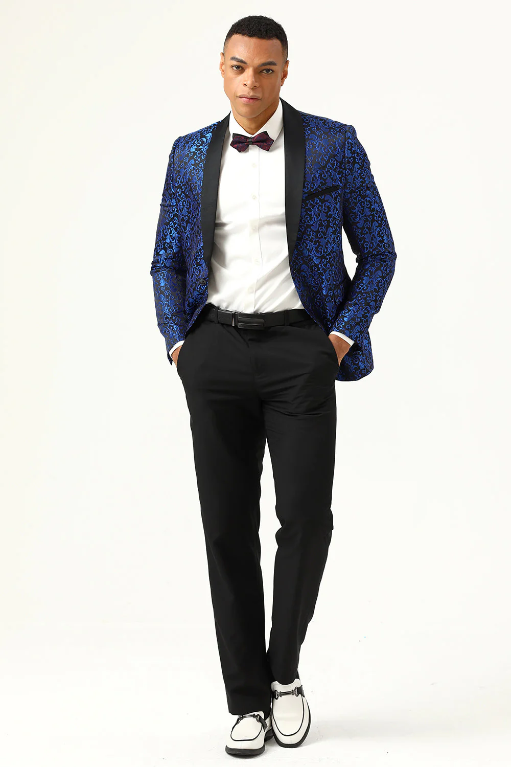 One Button Red Shawl Lapel Jacquard Men's Prom Blazer - Image 8