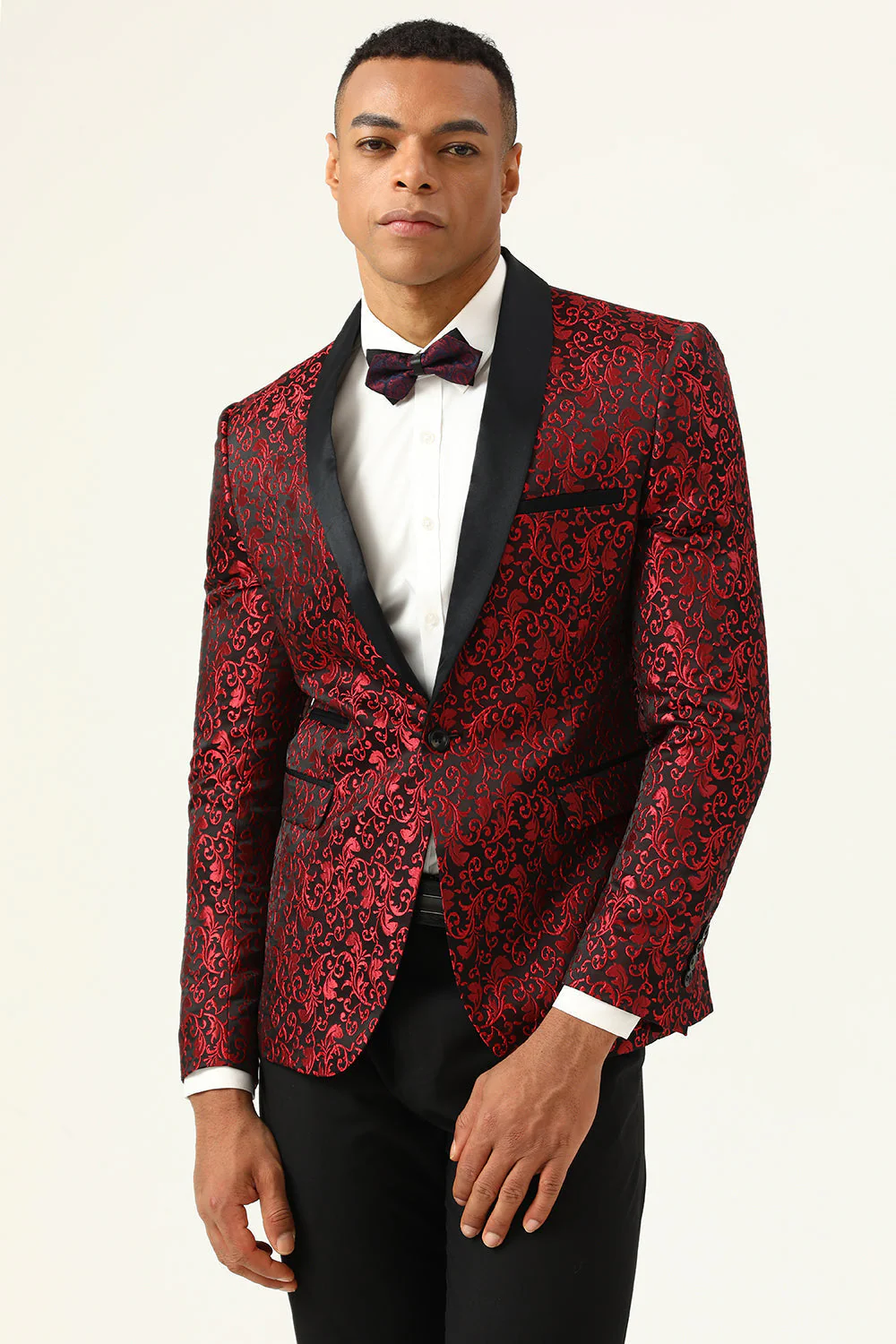 One Button White Shawl Lapel Jacquard Men's Prom Blazer - Image 10