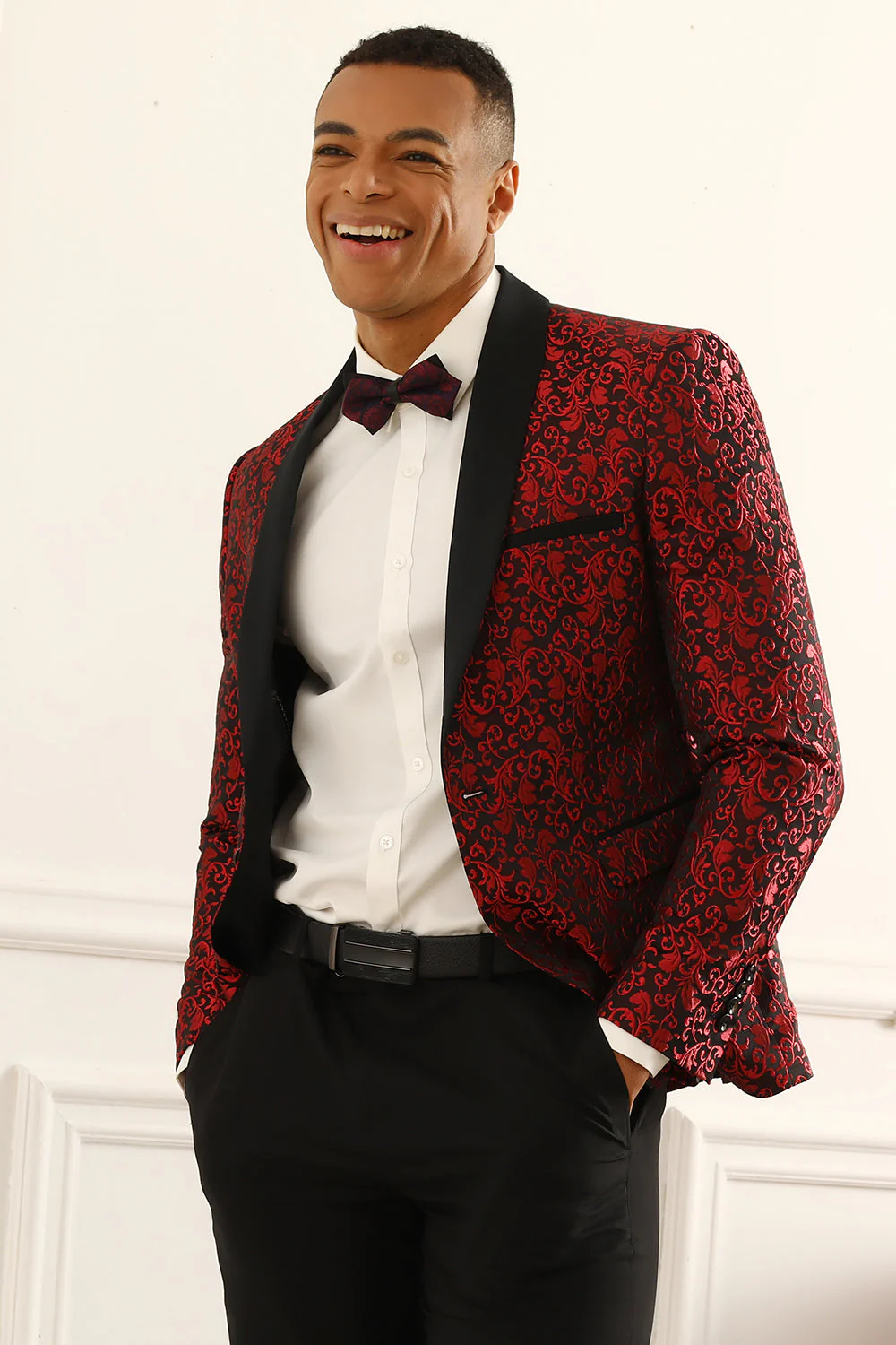 One Button White Shawl Lapel Jacquard Men's Prom Blazer - Image 11