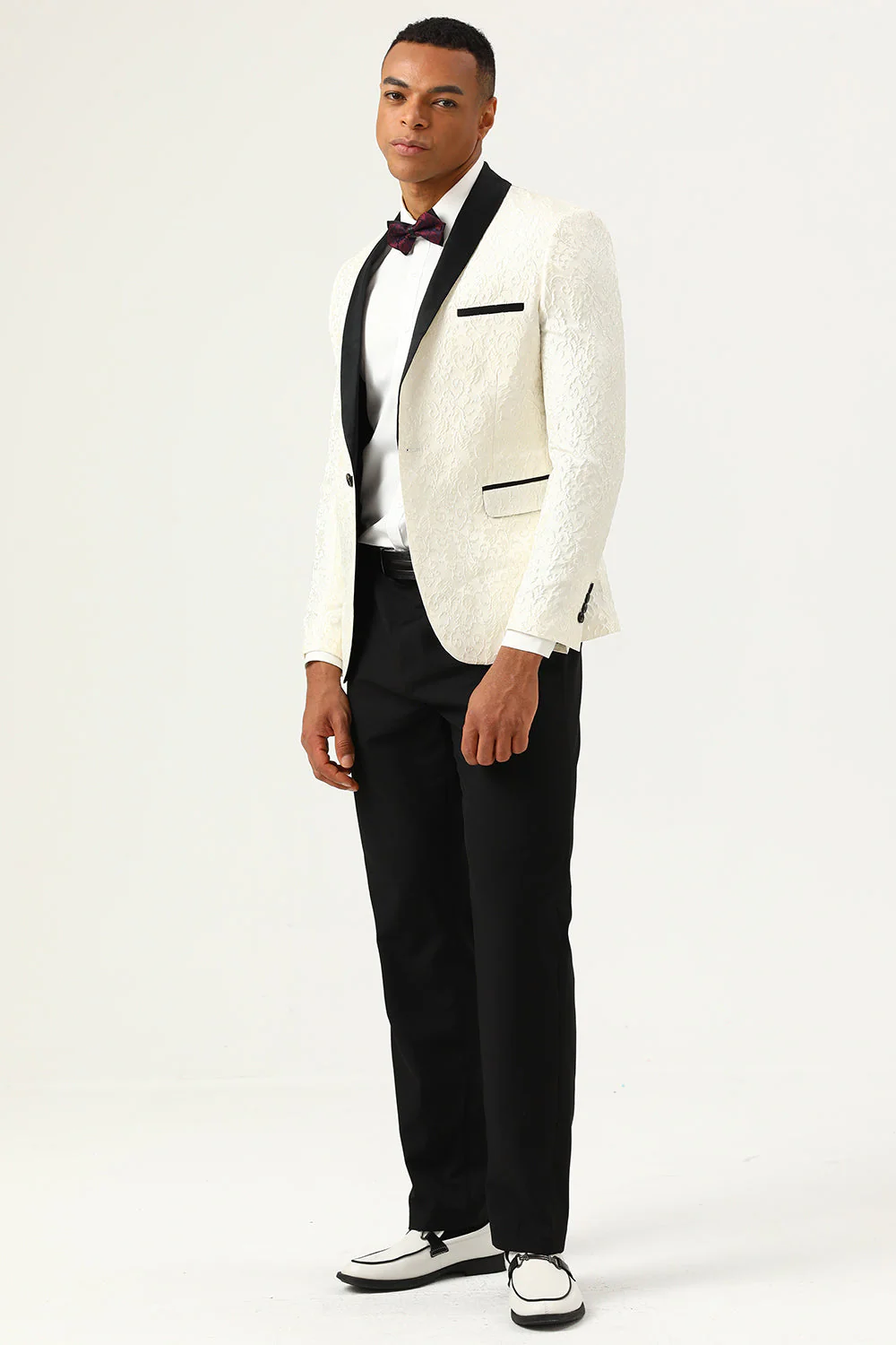 One Button White Shawl Lapel Jacquard Men's Prom Blazer - Image 3
