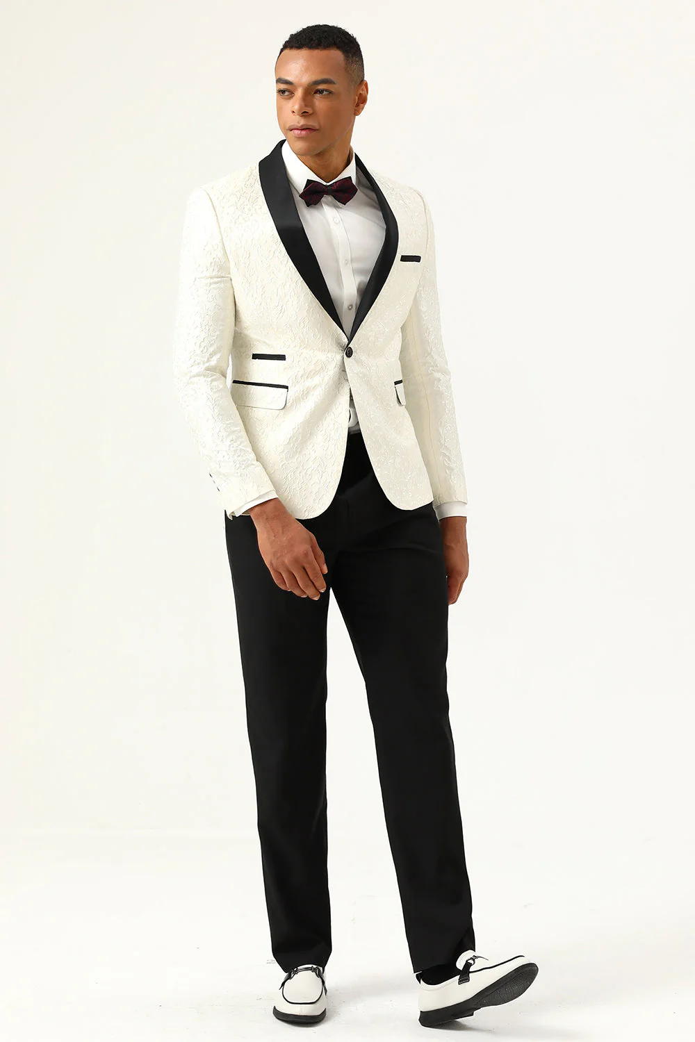 One Button White Shawl Lapel Jacquard Men's Prom Blazer - Image 5