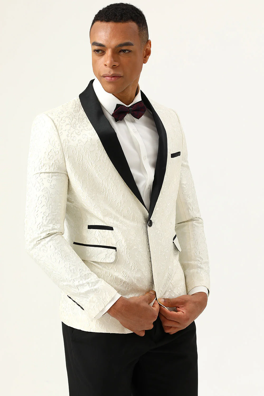 One Button White Shawl Lapel Jacquard Men's Prom Blazer - Image 6