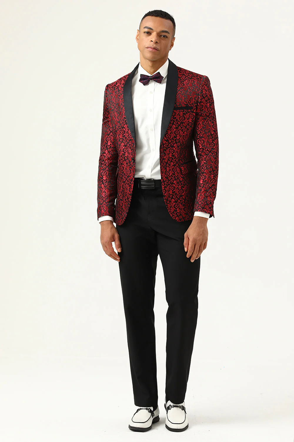 One Button White Shawl Lapel Jacquard Men's Prom Blazer - Image 7