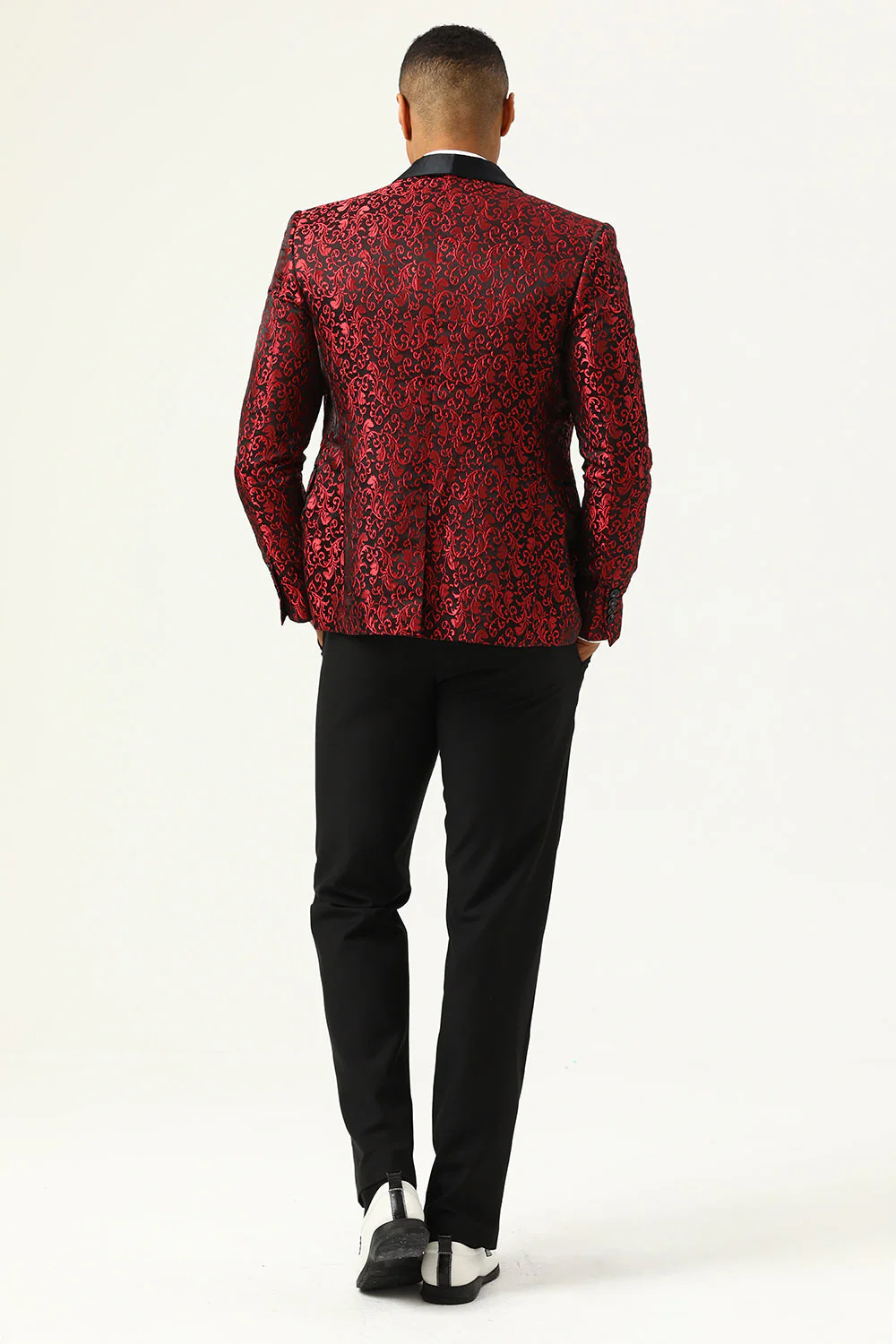 One Button White Shawl Lapel Jacquard Men's Prom Blazer - Image 8