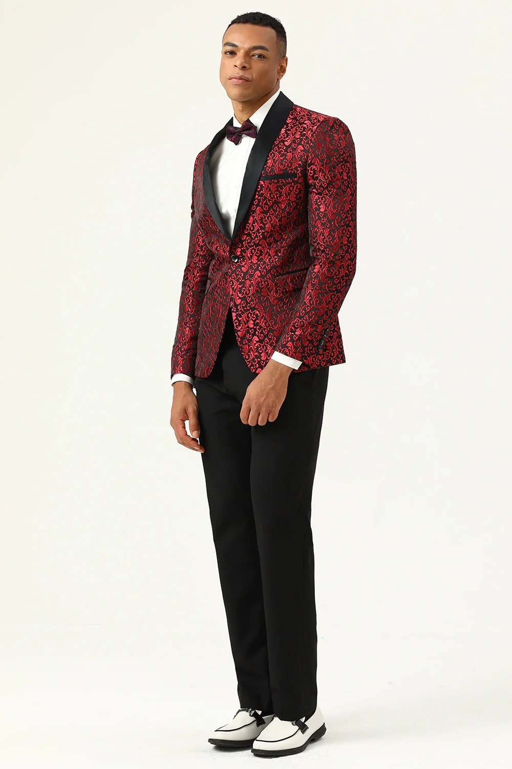 One Button White Shawl Lapel Jacquard Men's Prom Blazer - Image 9