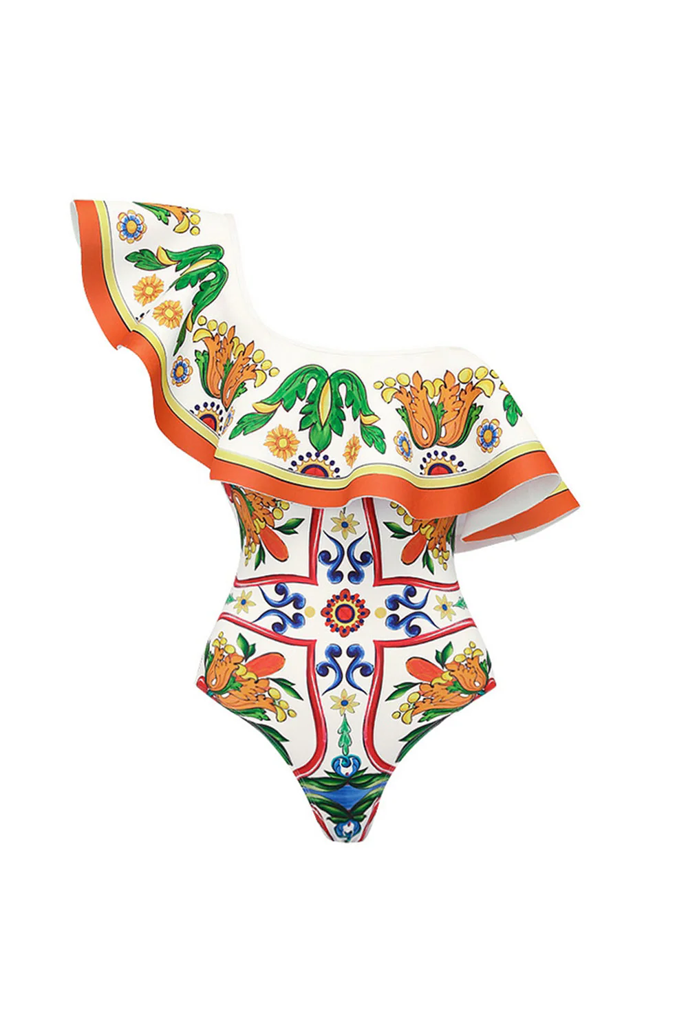 One Shoulder 2 Piece Orange Blue Print Swimwear with Cover Up Dress - Image 2