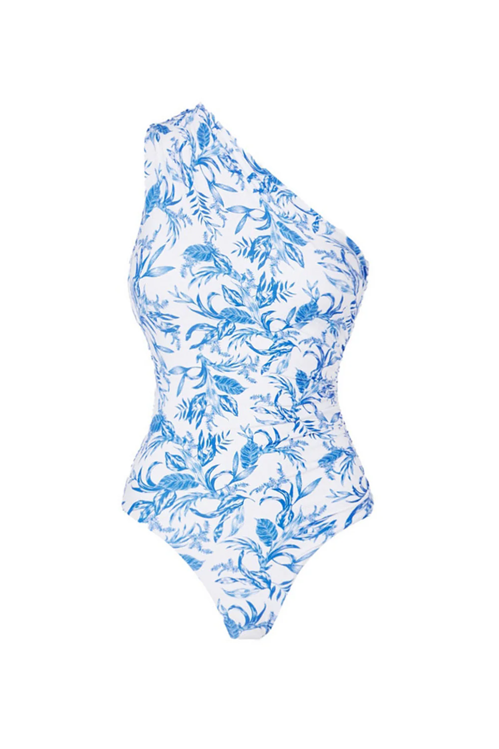One Shoulder 2 Piece White Blue Flower Printed Swimsuit with Beach Dress - Image 2