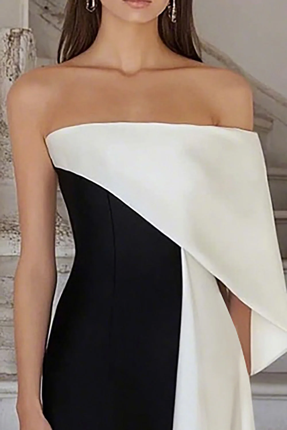 One Shoulder A Line Black And White Evening Dress - Image 2
