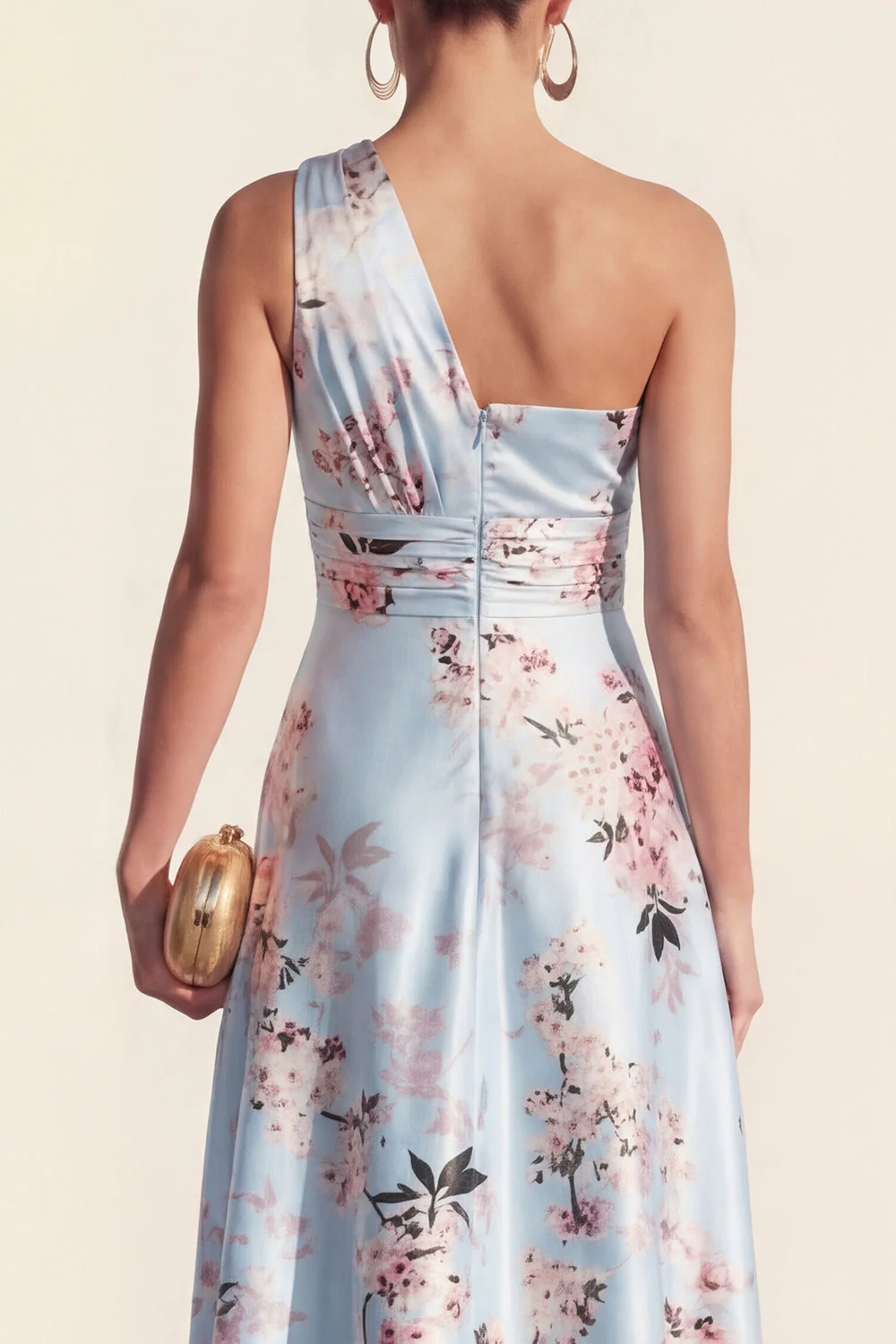 One Shoulder A Line Blue Printed Midi Floral Dress - Image 4
