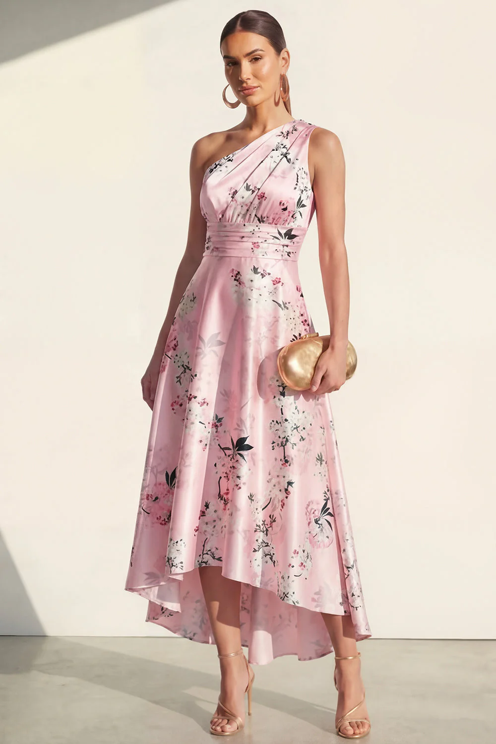 One Shoulder A Line Blue Printed Midi Floral Dress - Image 5