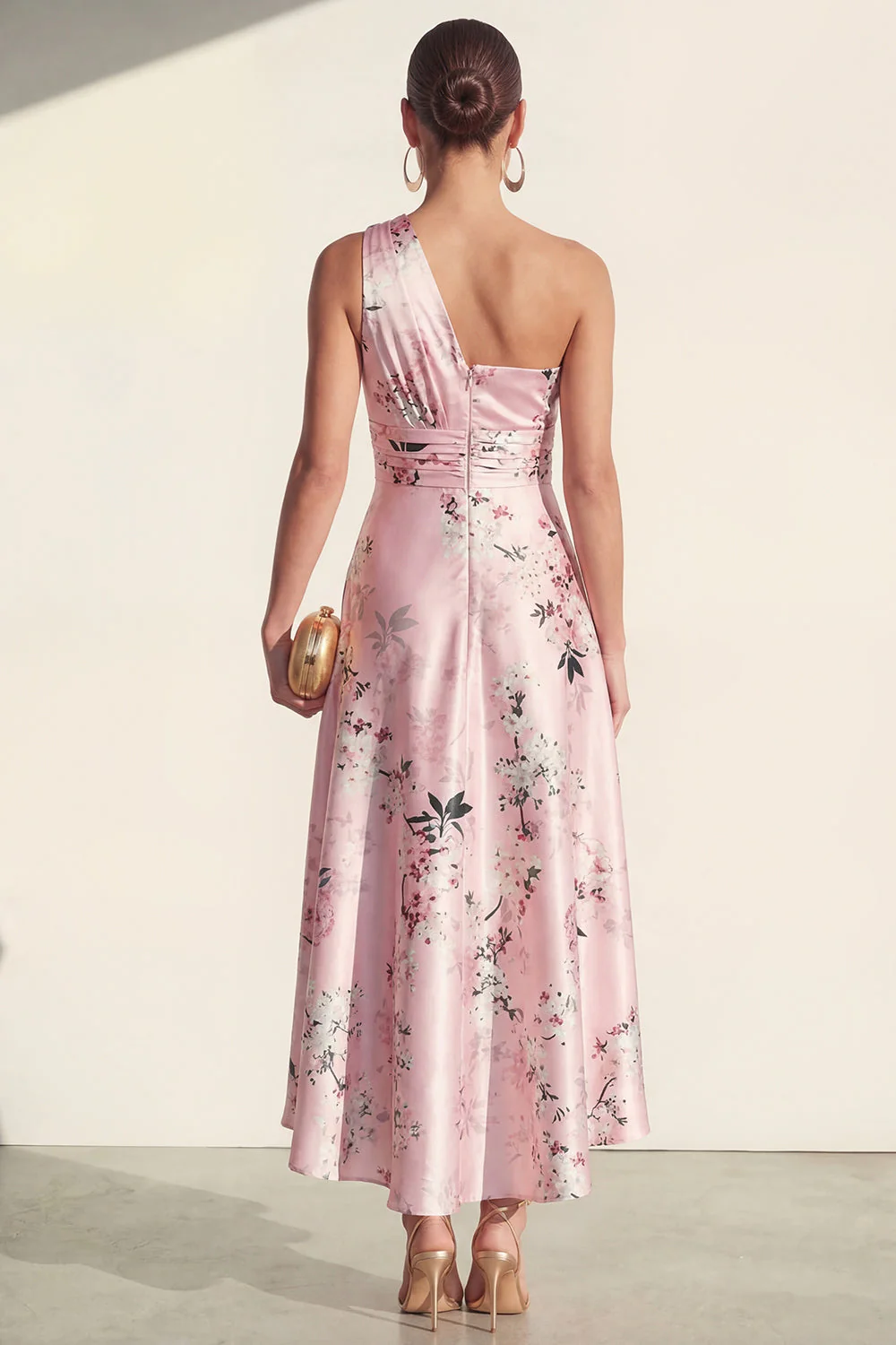 One Shoulder A Line Blue Printed Midi Floral Dress - Image 6