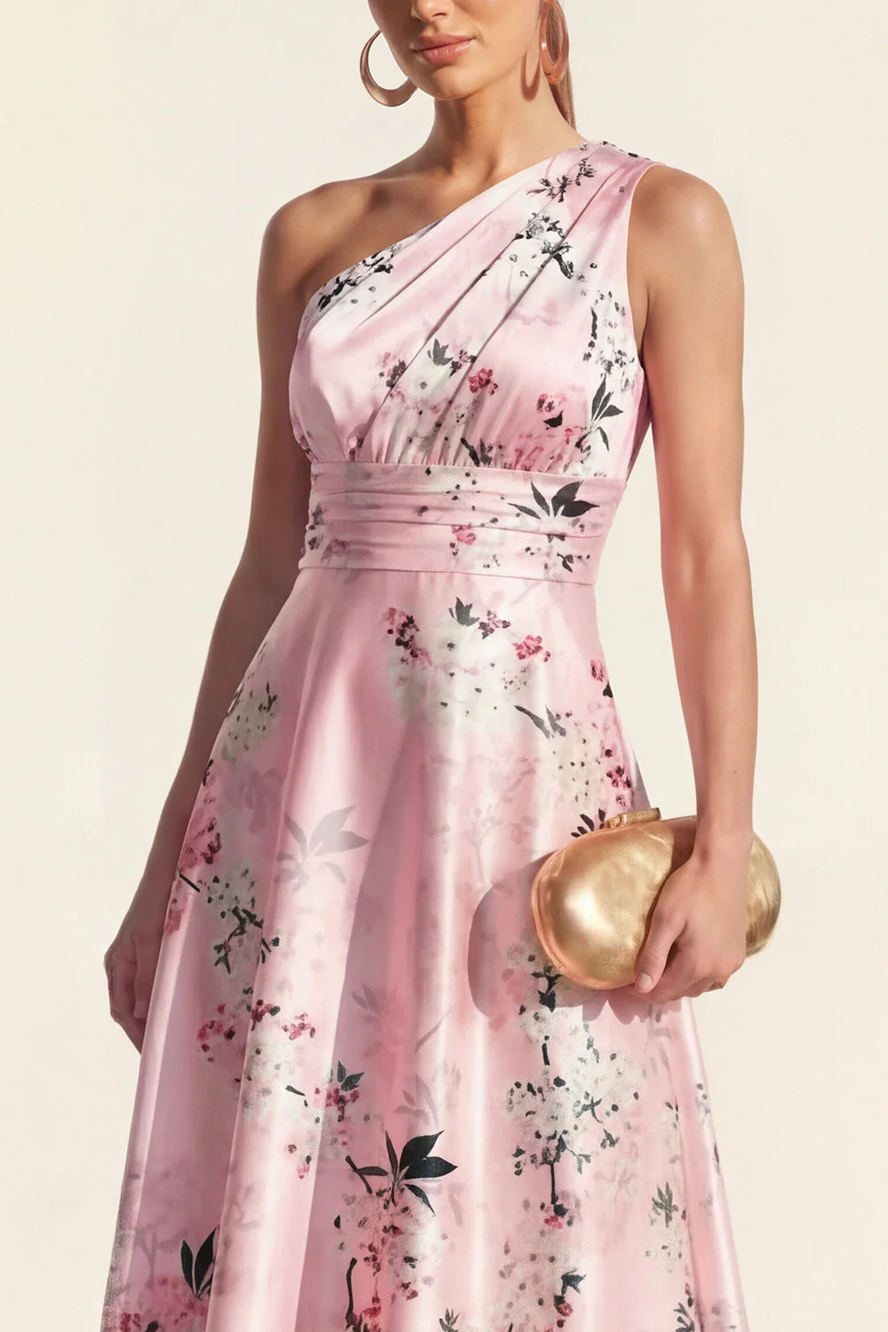 One Shoulder A Line Blue Printed Midi Floral Dress - Image 7