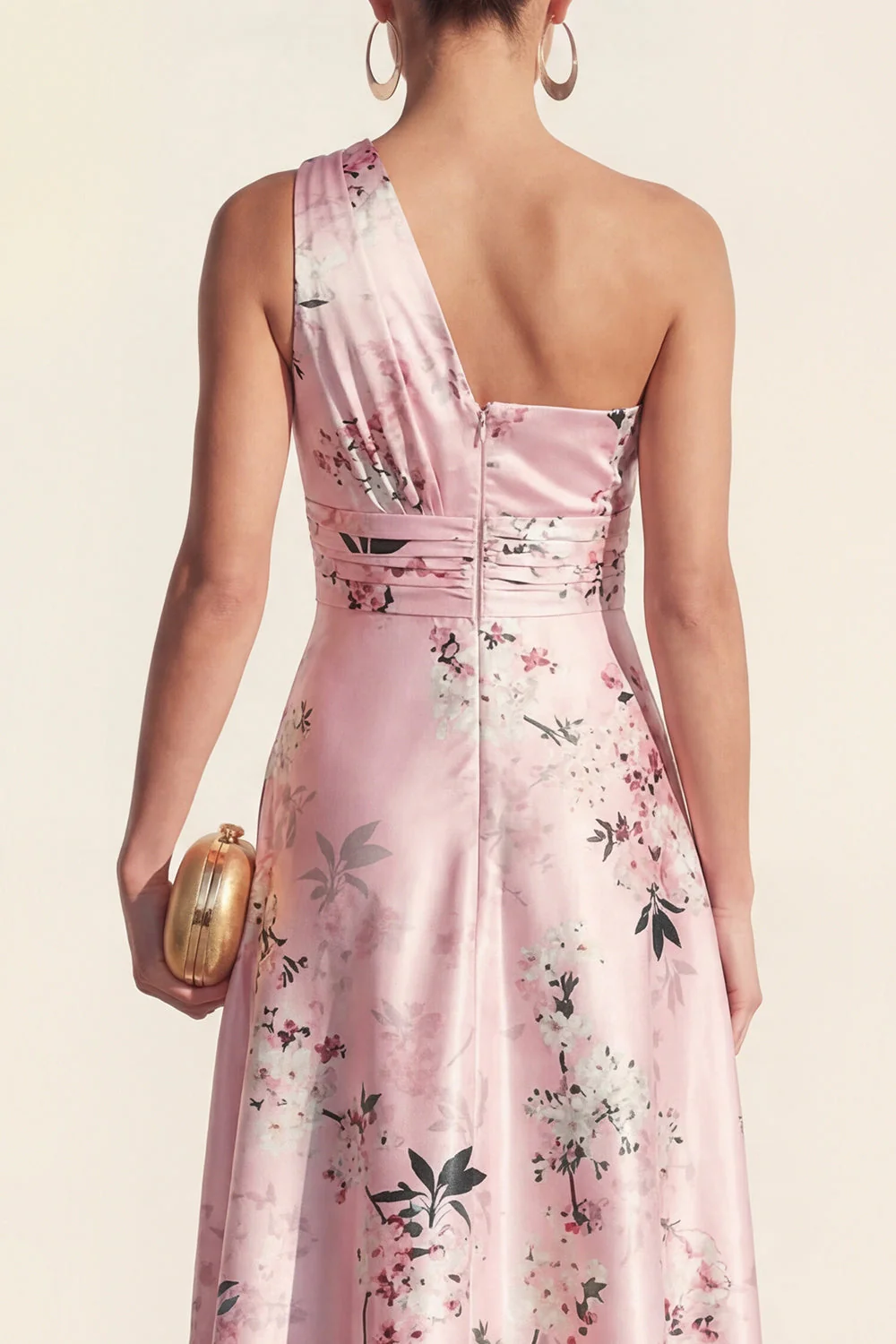 One Shoulder A Line Blue Printed Midi Floral Dress - Image 8