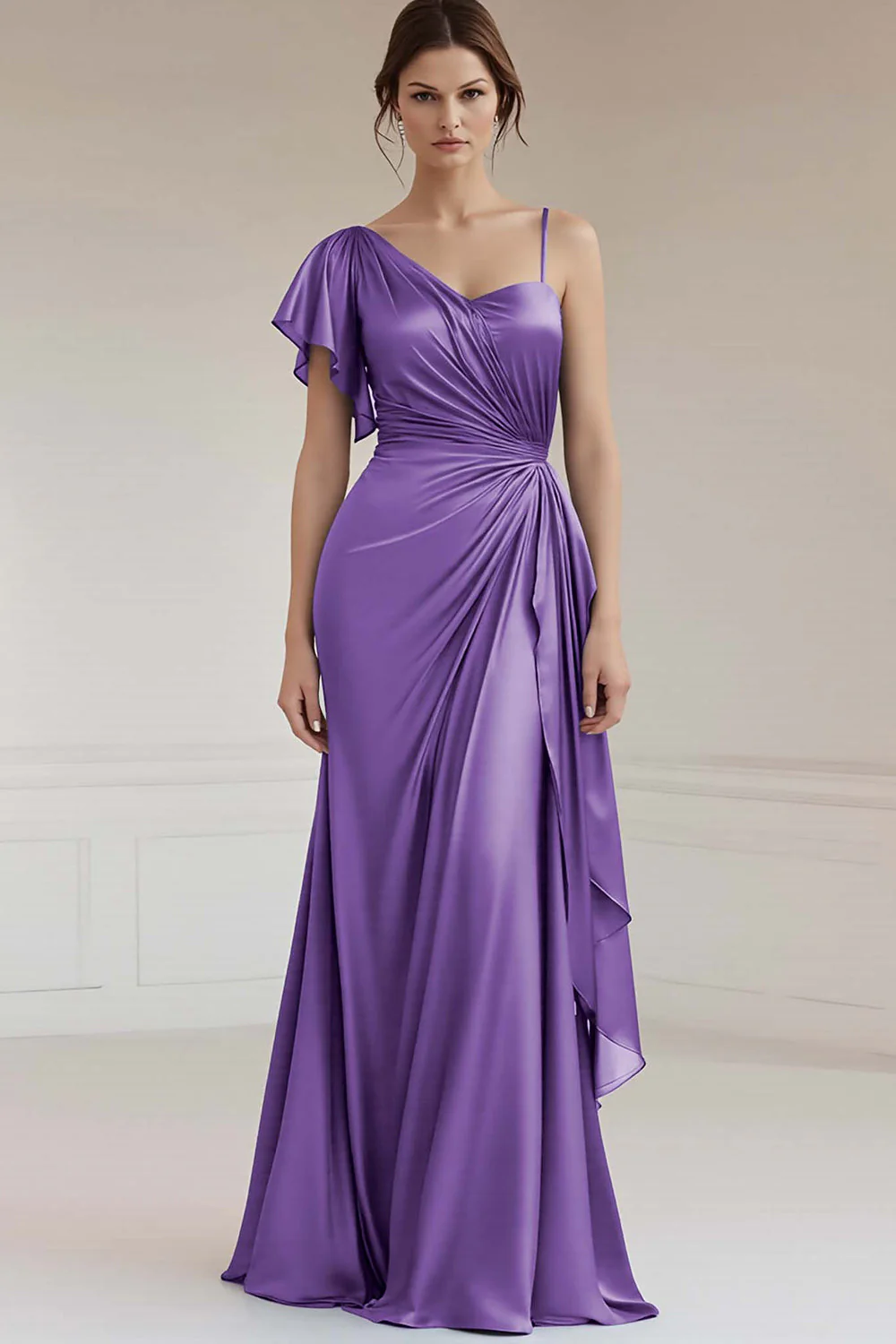 One Shoulder A Line Ruched Grey Blue Evening Dress - Image 10