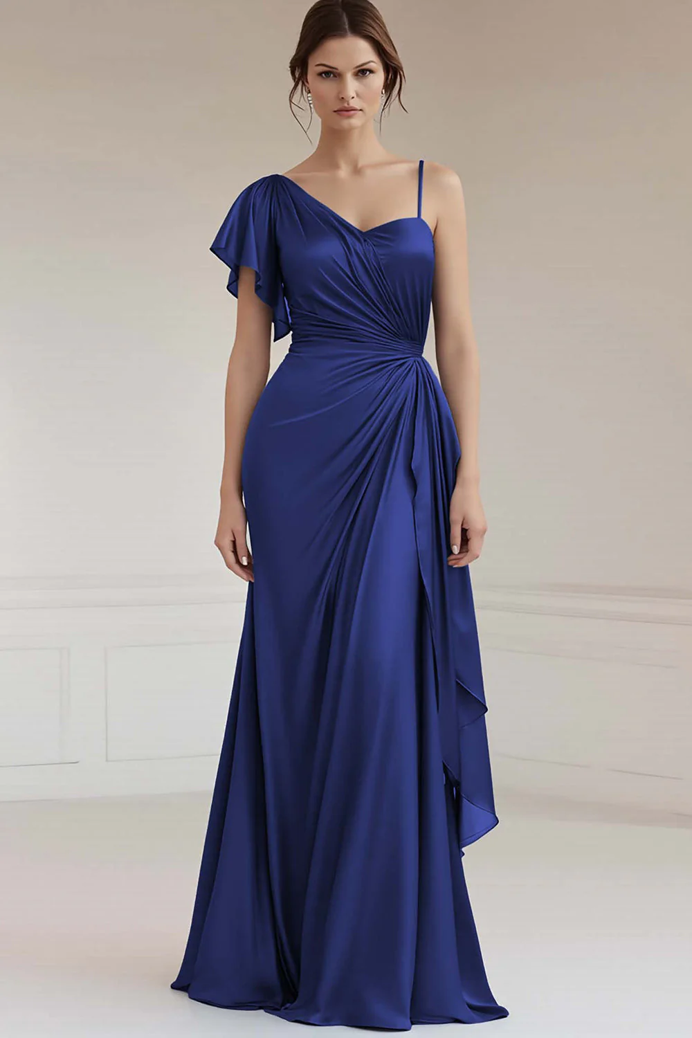 One Shoulder A Line Ruched Grey Blue Evening Dress - Image 11