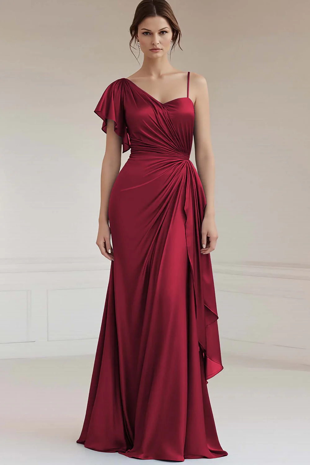 One Shoulder A Line Ruched Grey Blue Evening Dress - Image 3