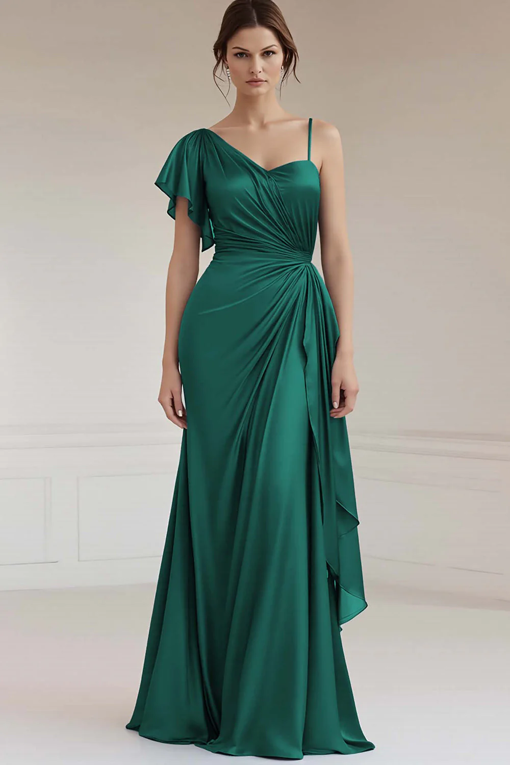 One Shoulder A Line Ruched Grey Blue Evening Dress - Image 4