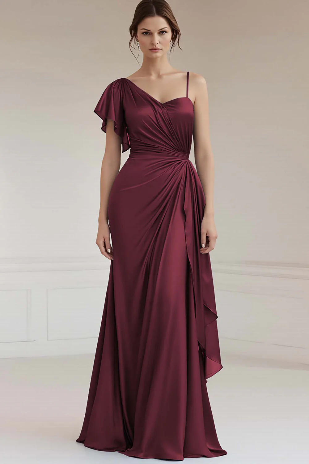 One Shoulder A Line Ruched Grey Blue Evening Dress - Image 5