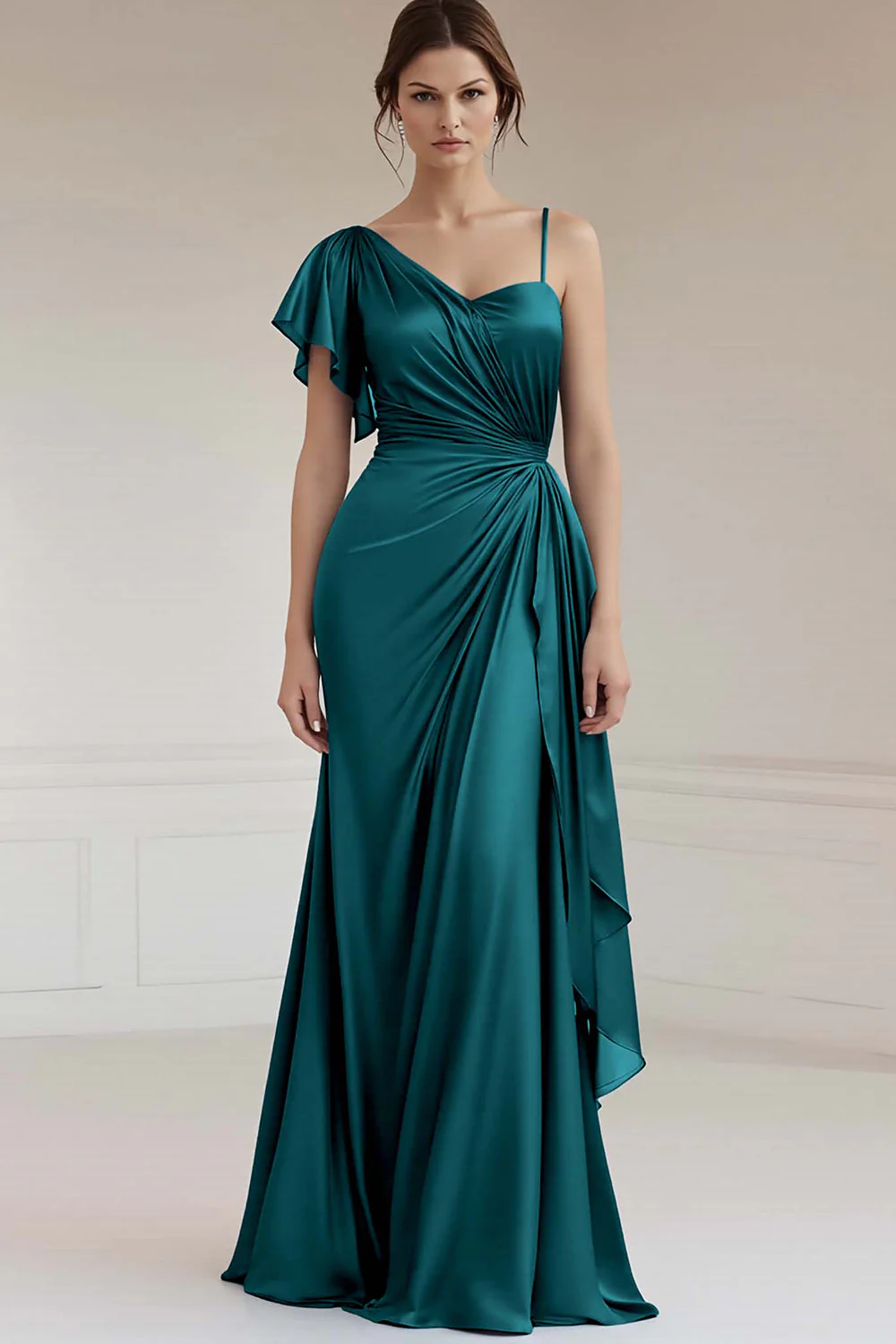 One Shoulder A Line Ruched Grey Blue Evening Dress - Image 6