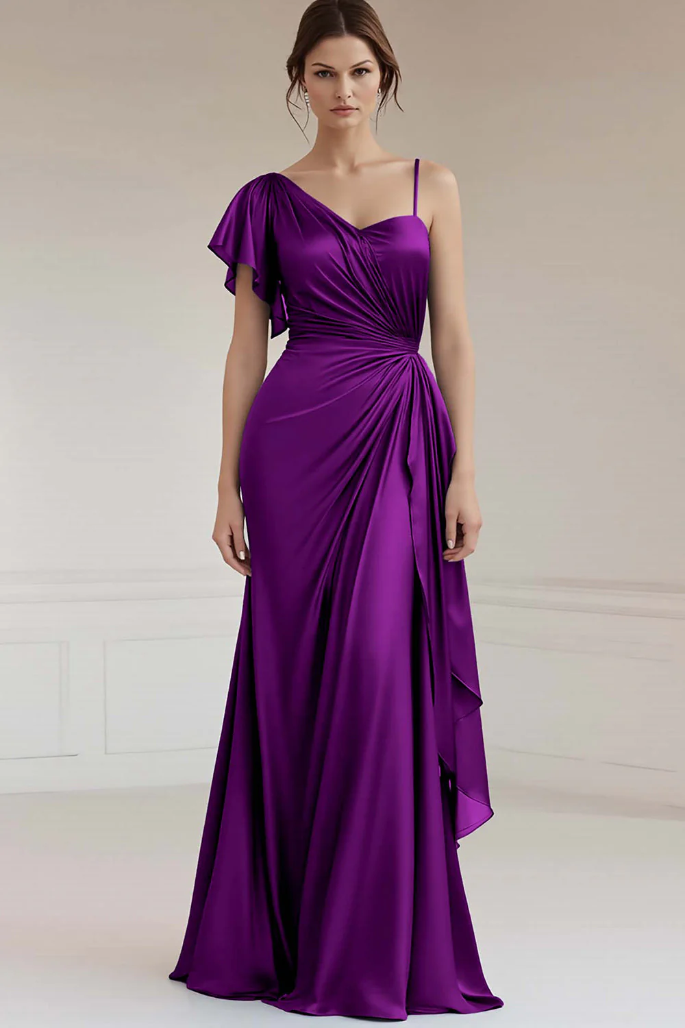 One Shoulder A Line Ruched Grey Blue Evening Dress - Image 7