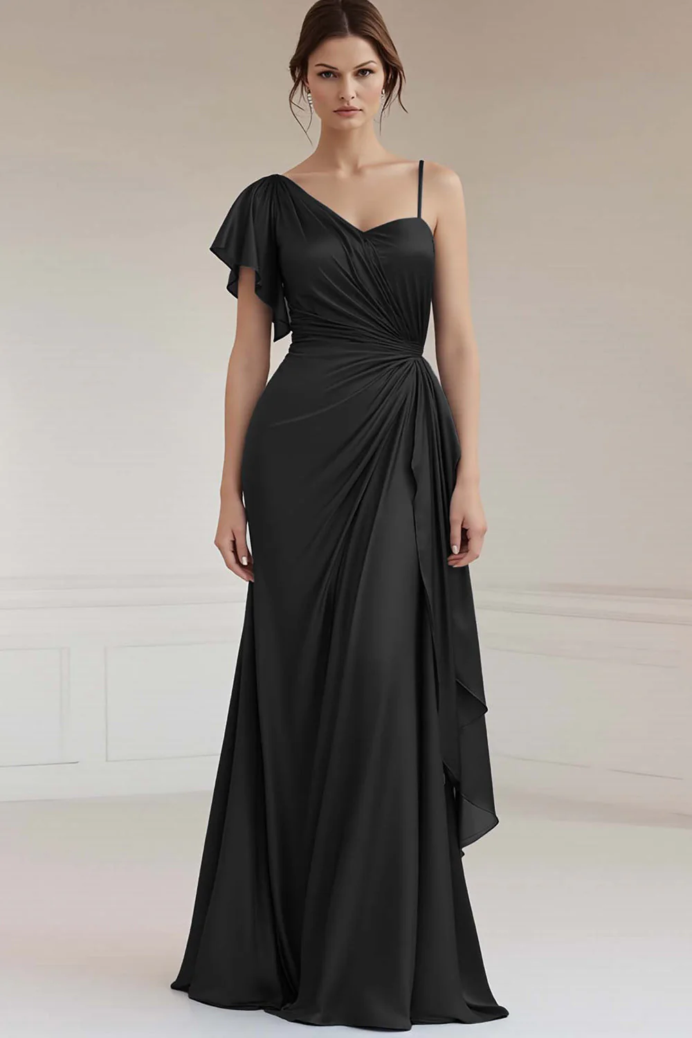 One Shoulder A Line Ruched Grey Blue Evening Dress - Image 8