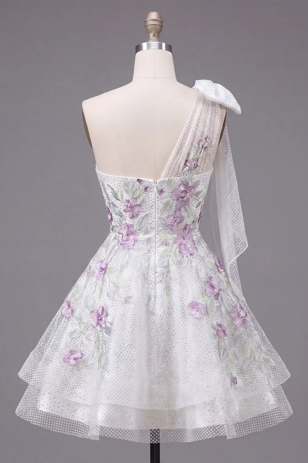 Cute One Shoulder White A-Line Floral Beaded Party Dress with Bow - Image 2