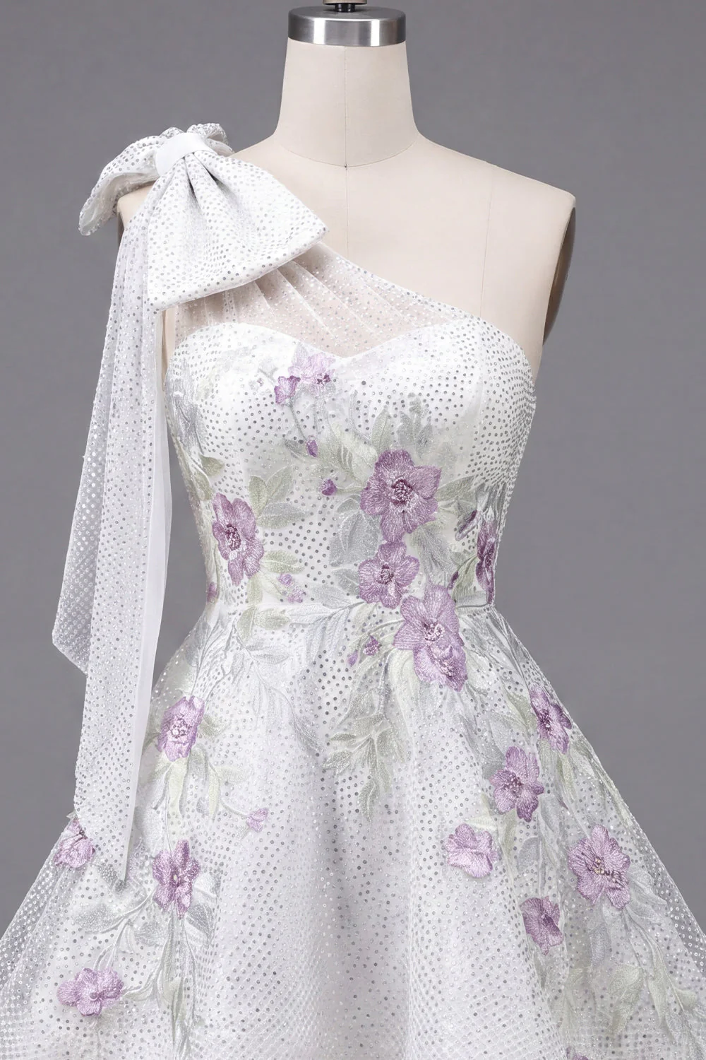 Cute One Shoulder White A-Line Floral Beaded Party Dress with Bow - Image 7