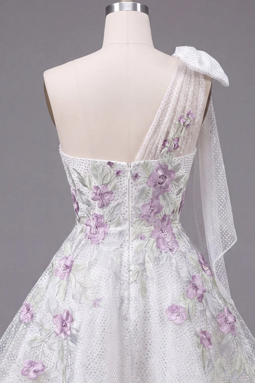 Cute One Shoulder White A-Line Floral Beaded Party Dress with Bow - Image 8