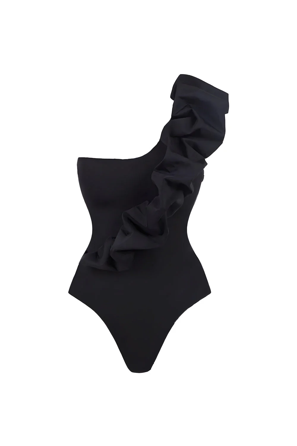 One Shoulder Black 2 Piece Ruffled Swimwear with Cover Up Dress - Image 2