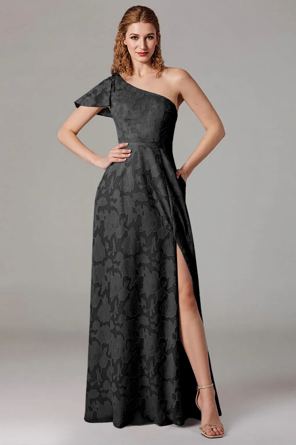 One Shoulder Black A-Line Long Choir Dress with Slit - Image 2