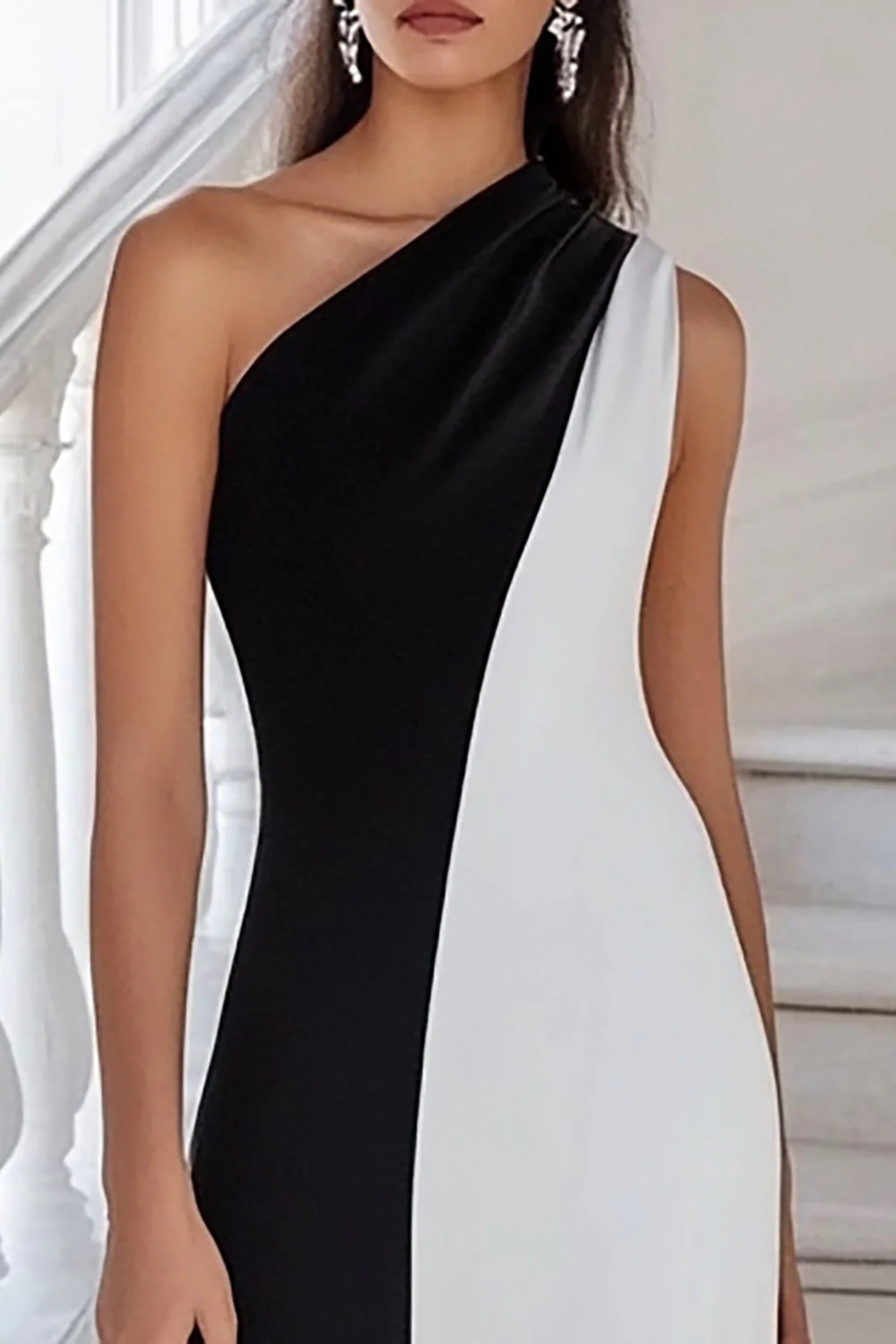 One Shoulder Black And White Long Formal Dress - Image 2