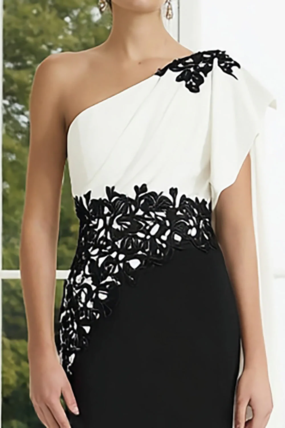 One Shoulder Black and White Sheath Appliqued Long Evening Dress - Image 2
