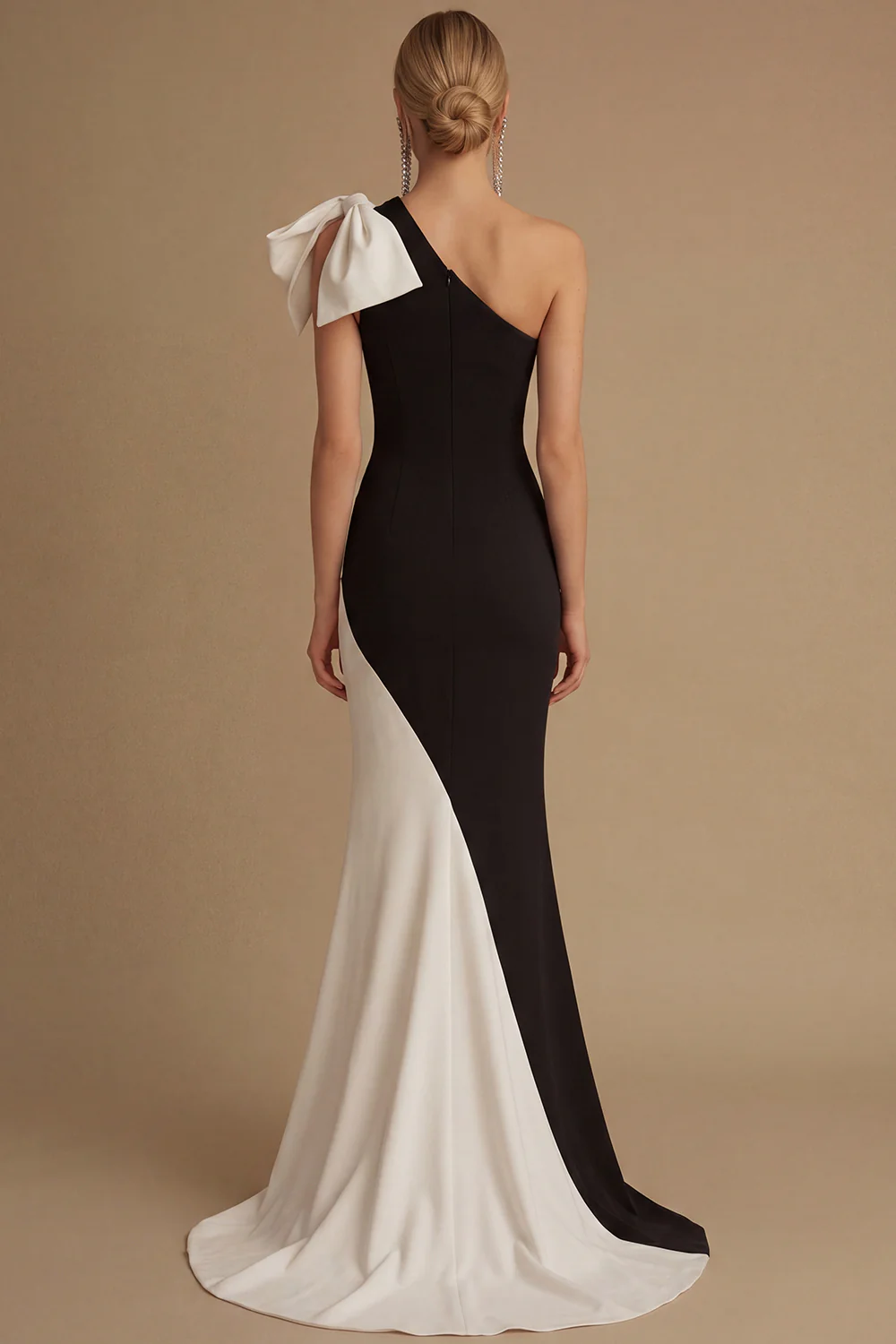 One Shoulder Black and White Sheath Evening Dress with Bow - Image 2