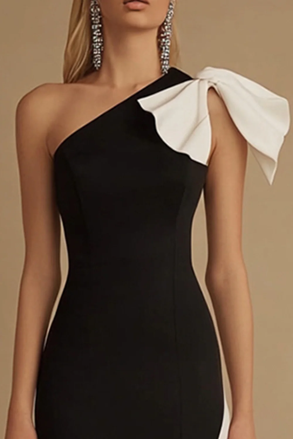 One Shoulder Black and White Sheath Evening Dress with Bow - Image 3