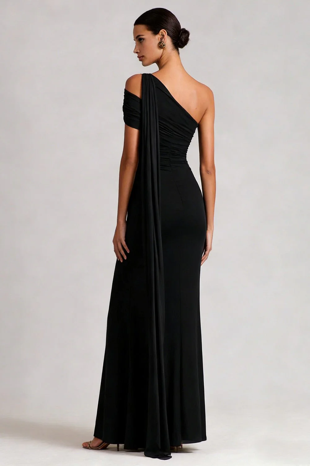 One Shoulder Black Mermaid Long Satin Dress with Streamer - Image 2