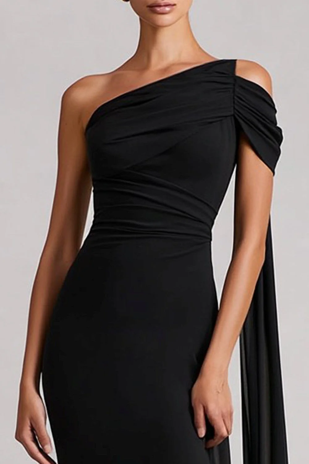 One Shoulder Black Mermaid Long Satin Dress with Streamer - Image 3