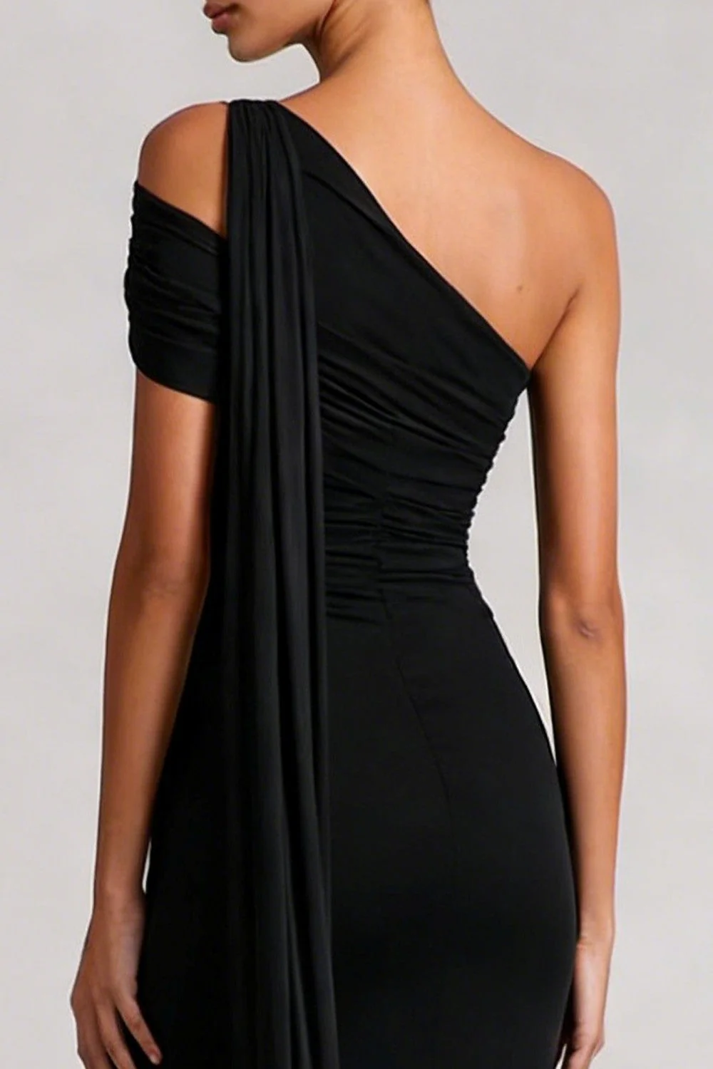 One Shoulder Black Mermaid Long Satin Dress with Streamer - Image 4