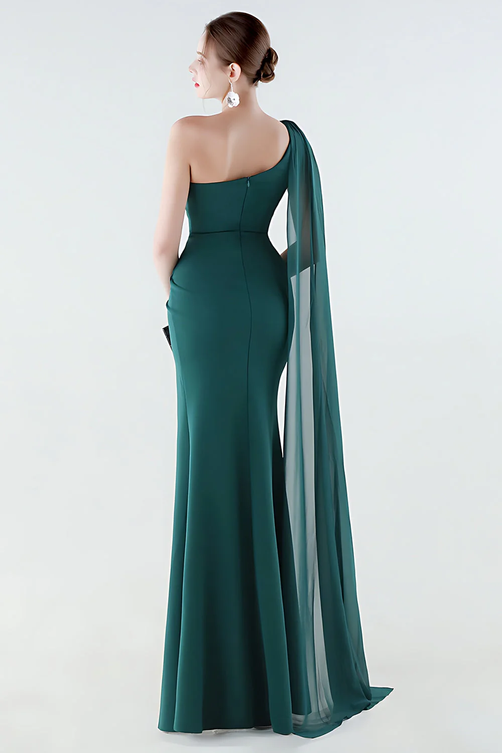One Shoulder Black Mermaid Side Slit Evening Dress with Streamer - Image 11
