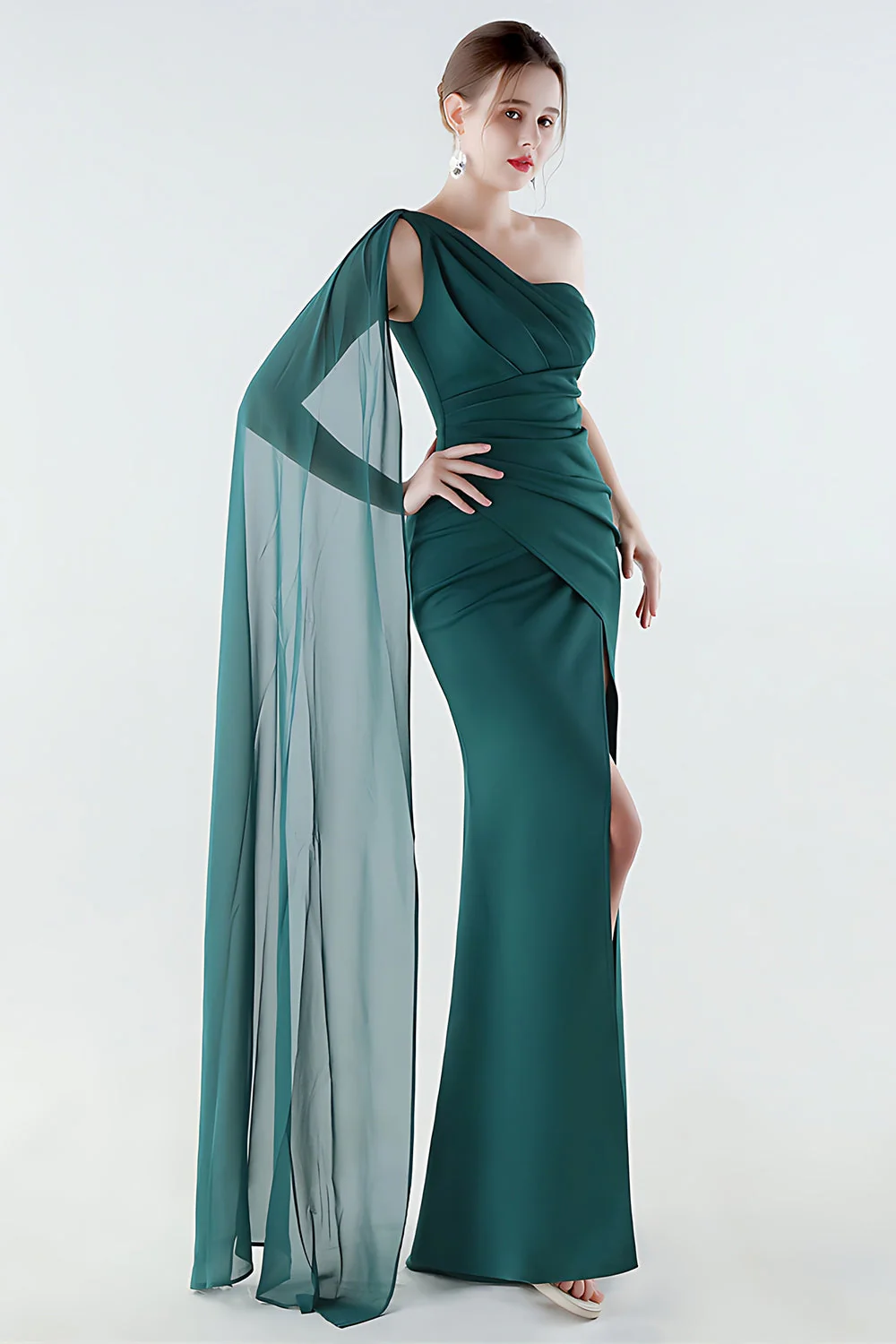 One Shoulder Black Mermaid Side Slit Evening Dress with Streamer - Image 13