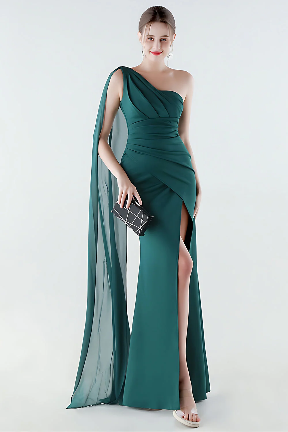 One Shoulder Black Mermaid Side Slit Evening Dress with Streamer - Image 14