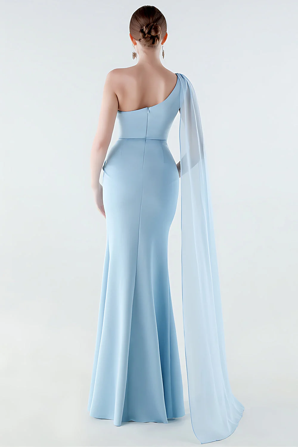 One Shoulder Black Mermaid Side Slit Evening Dress with Streamer - Image 16