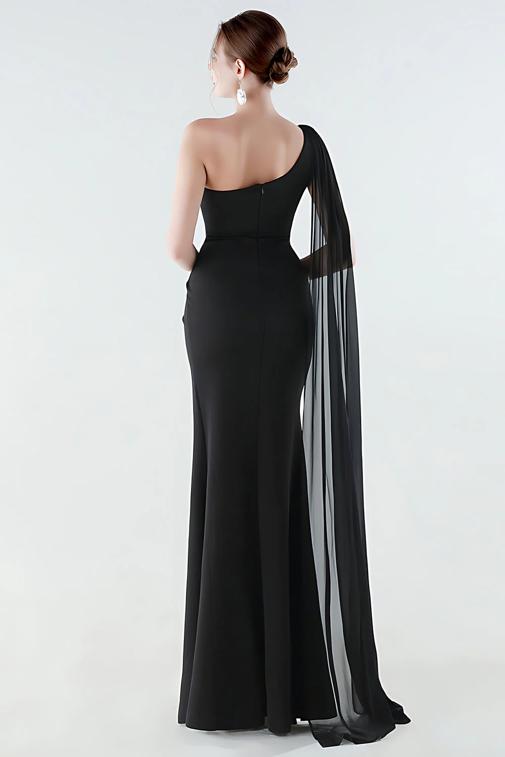 One Shoulder Black Mermaid Side Slit Evening Dress with Streamer - Image 2