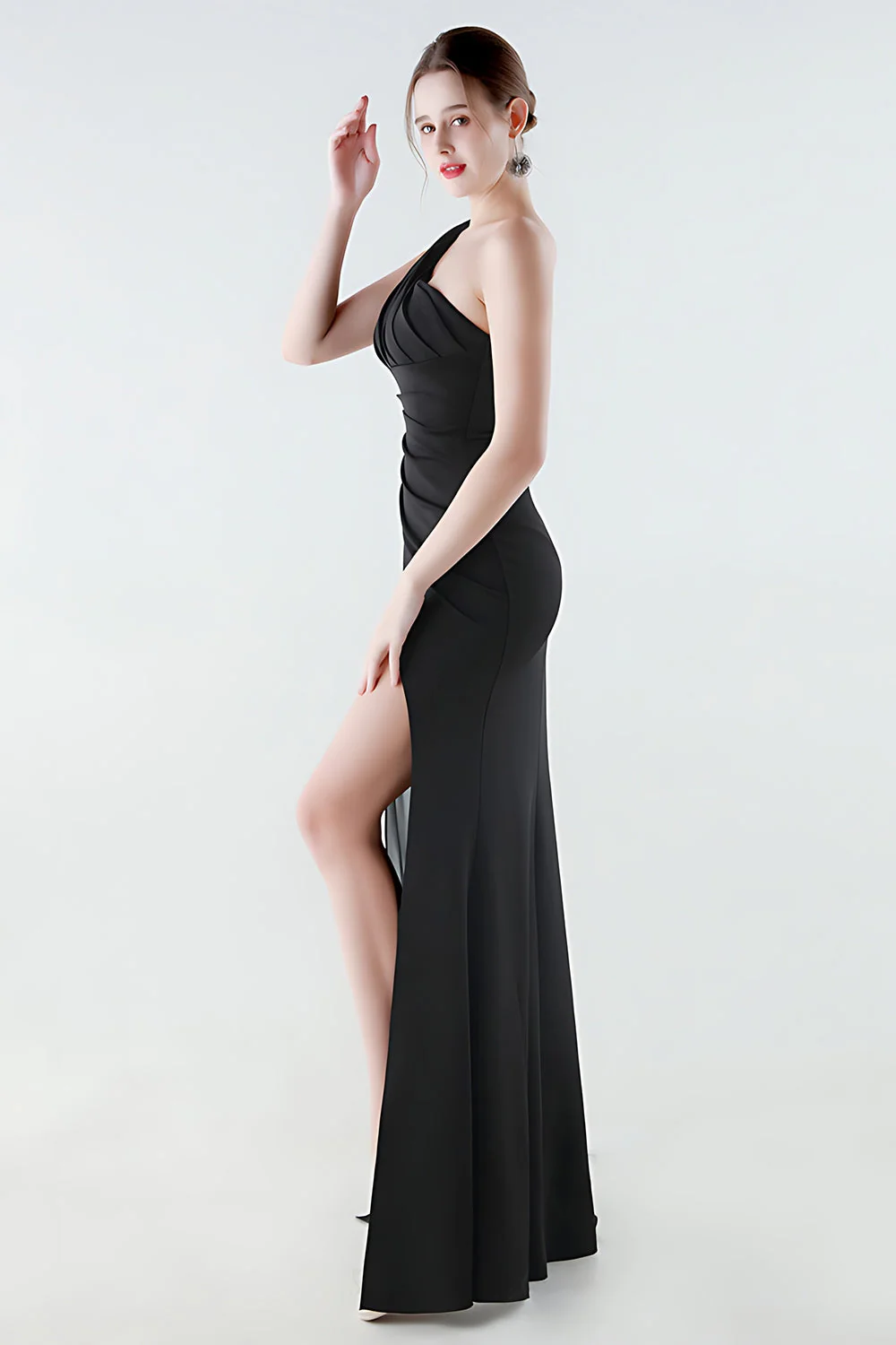 One Shoulder Black Mermaid Side Slit Evening Dress with Streamer - Image 3