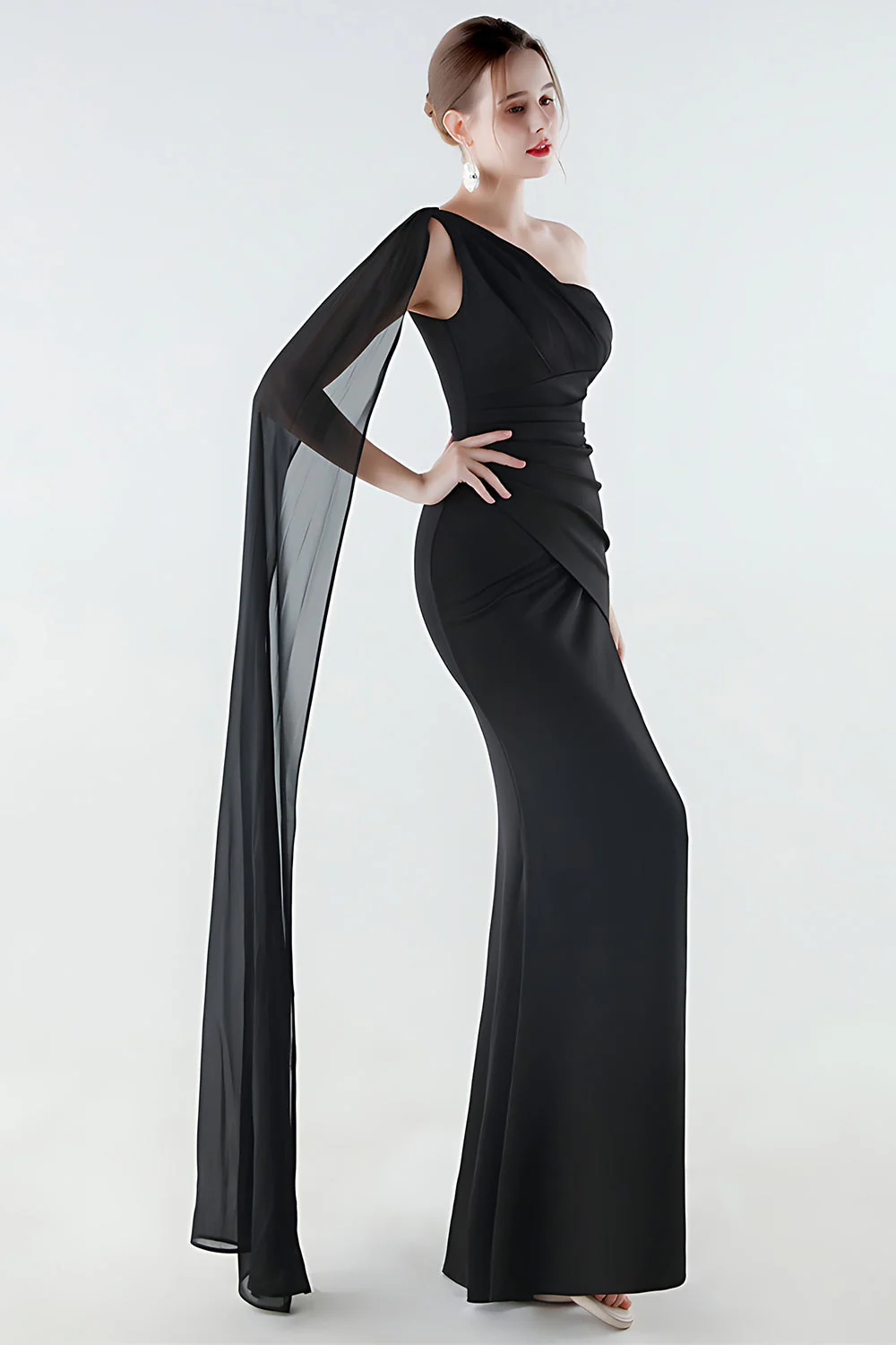 One Shoulder Black Mermaid Side Slit Evening Dress with Streamer - Image 4