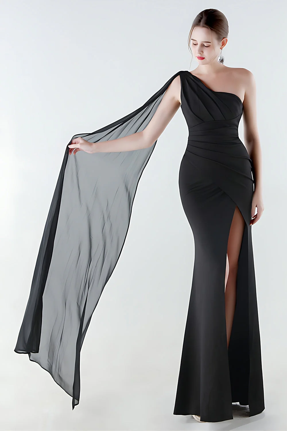 One Shoulder Black Mermaid Side Slit Evening Dress with Streamer - Image 5