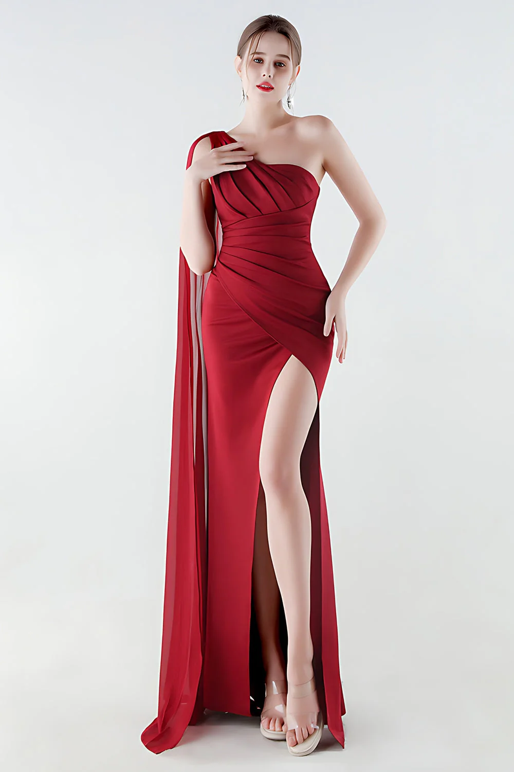 One Shoulder Black Mermaid Side Slit Evening Dress with Streamer - Image 6